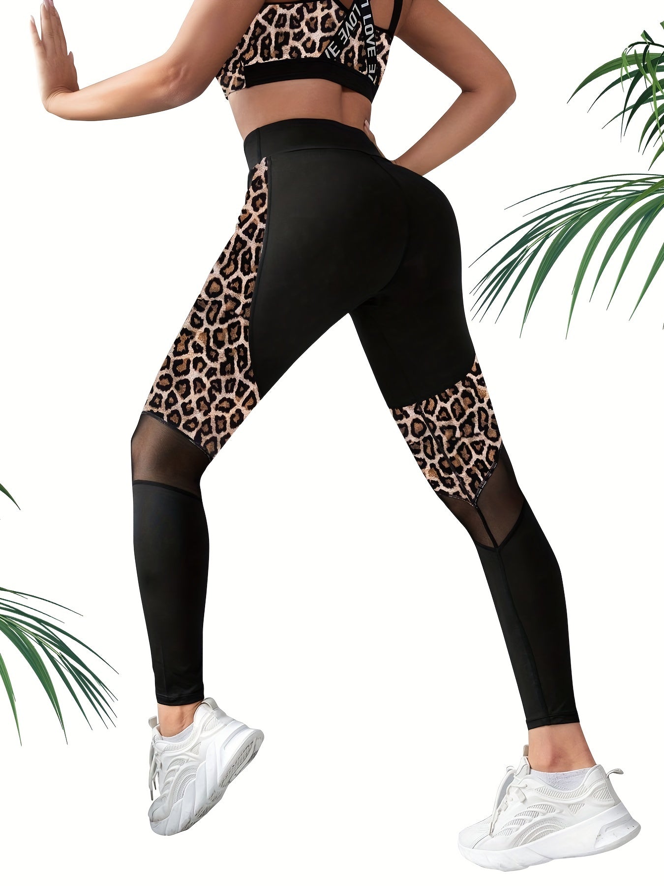Leopard Print Mesh Stitching Tight Leggings Sports Yoga Pants