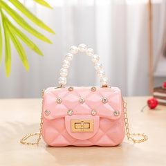 Girls Rhombus Texture Pearl Rhinestones Handbags Messenger Bag