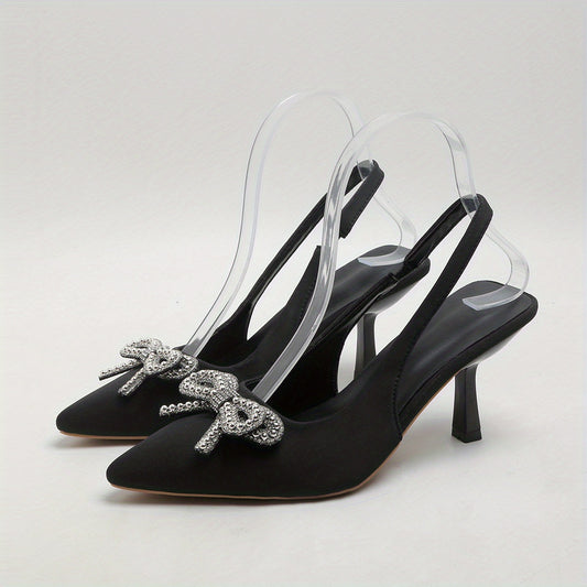 Rhinestone Bow Kitten Heels Slingback Sandals