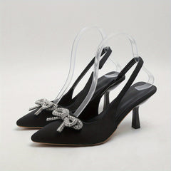 Rhinestone Bow Kitten Heels Slingback Sandals