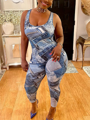 Casual Jumpsuit Denim Print Slim Fit Medium Stretch Tank Jumpsuit