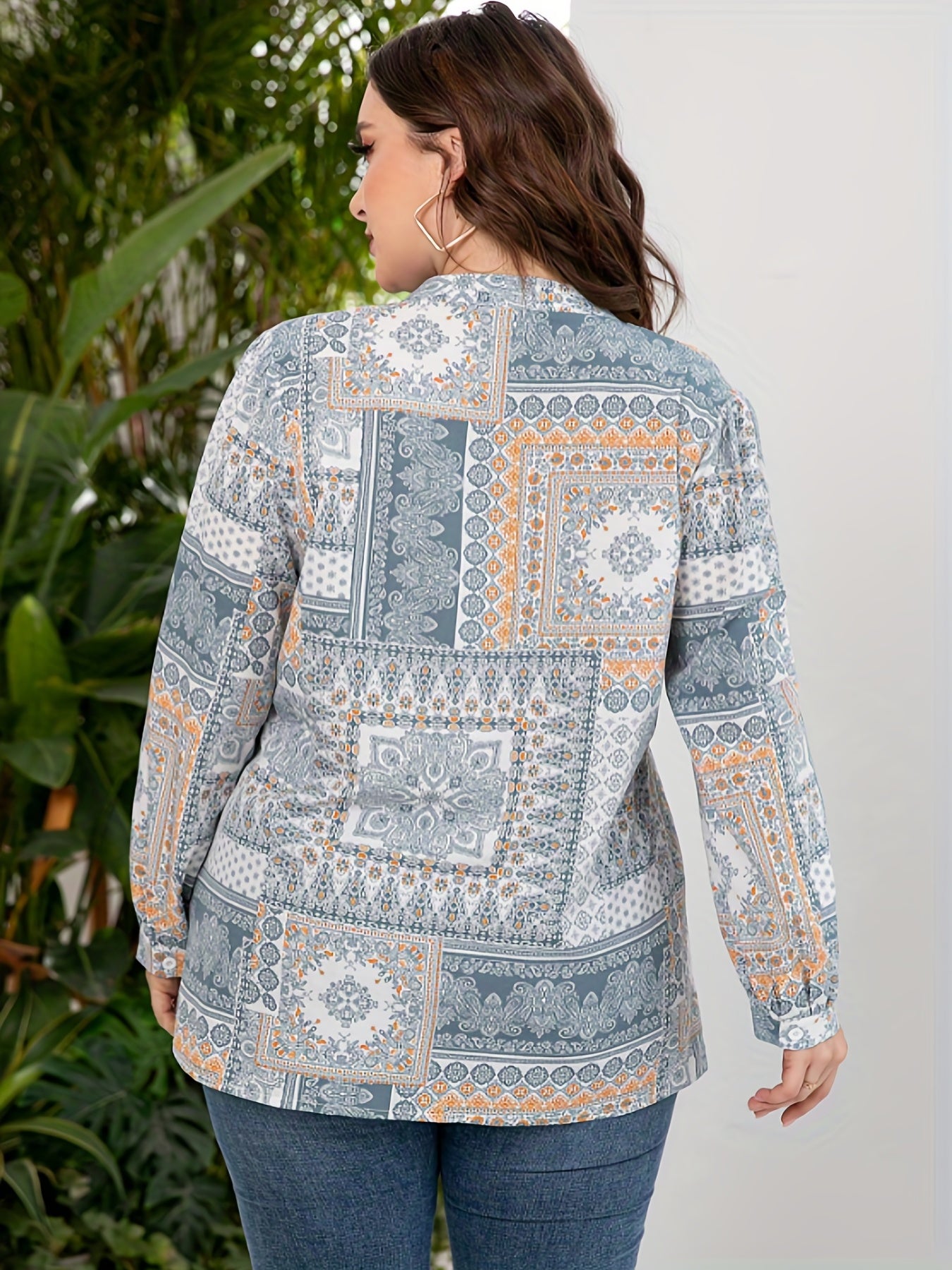 Boho Blouse Women's Plus Scarf & Paisley Print Button Up Top