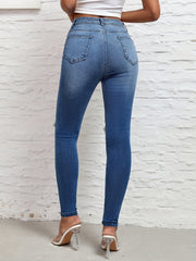Ripped Knee Cut Skinny Jeans High Rise Distressed Denim Pants