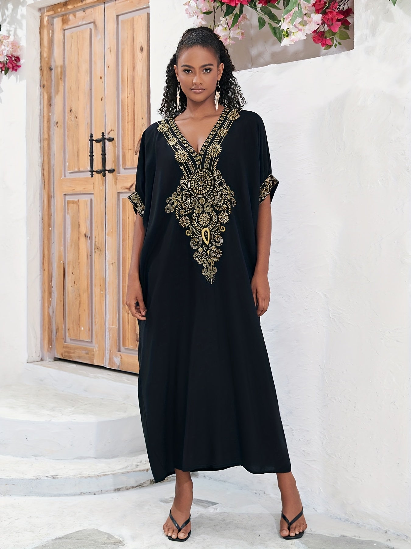 Boho Abaya Maxi Dress Women's Plus Batwing Sleeve V Neck Geometric