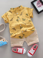 Boys 2pcs Cartoon Print Shirt & Shorts Set