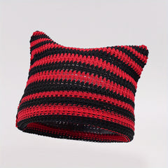 Striped Knitted Ice Silk Beanie Hat with Cat Ears