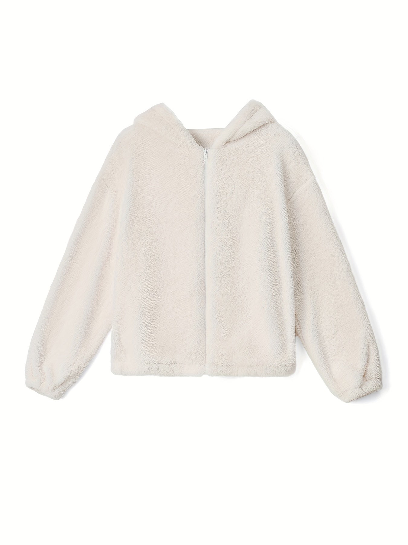 Solid Teddy Hooded Jacket Casual Zip Up Long Sleeve Outerwear