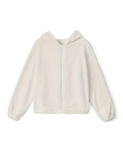 Solid Teddy Hooded Jacket Casual Zip Up Long Sleeve Outerwear