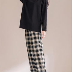 Comfy Solid Top & Plaid Print Lounge Pants Pajama Set