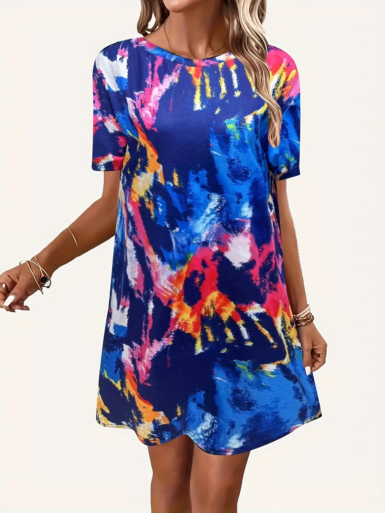 Tie Dye Crew Neck Short Sleeve Dress Women's Clothing