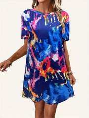 Tie Dye Crew Neck Short Sleeve Dress Women's Clothing