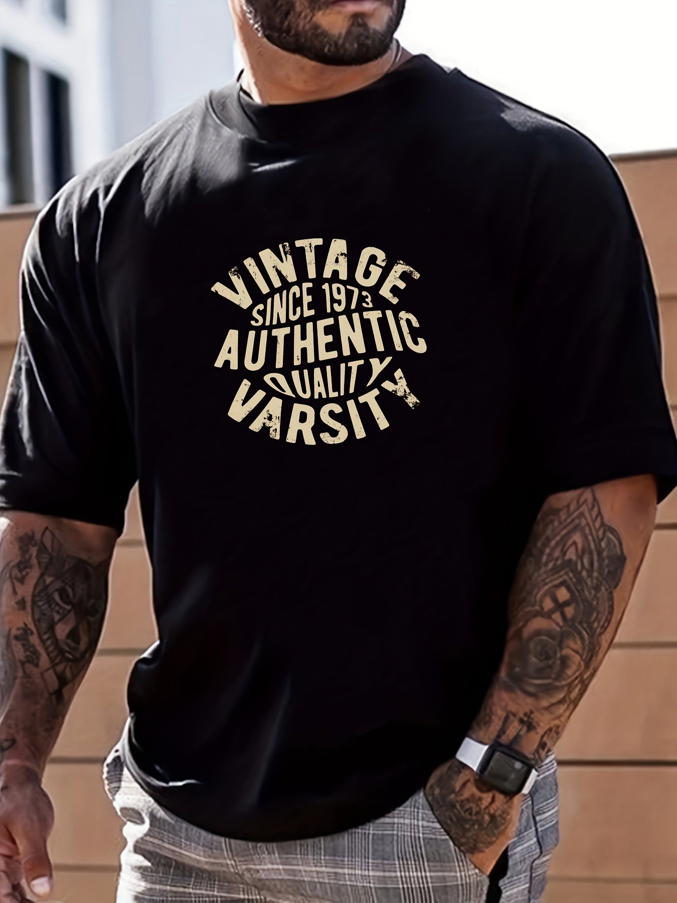 Retro Letter Airplane Print Men's Graphic Crew Neck T shirt