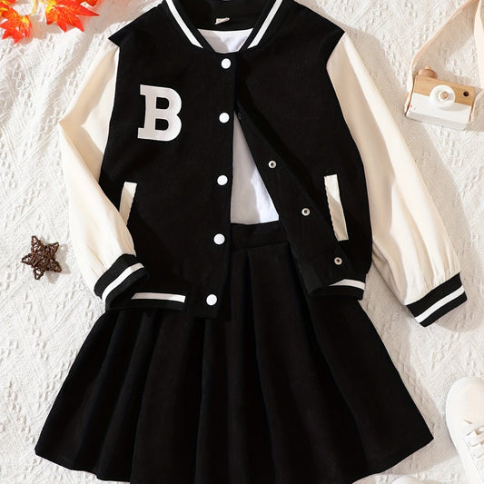 Girls Baseball Jacket & Pleated Skirt Set Letter B Print Corduroy Kid