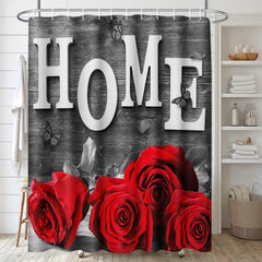 4pcs Red Rose Shower Curtain Set with Hooks & Bathroom Rug