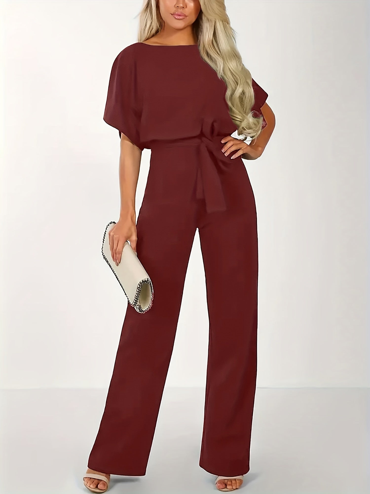 Casual Short Sleeve Wide Leg Jumpsuit with Tie Waist