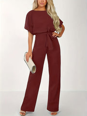 Casual Short Sleeve Wide Leg Jumpsuit with Tie Waist