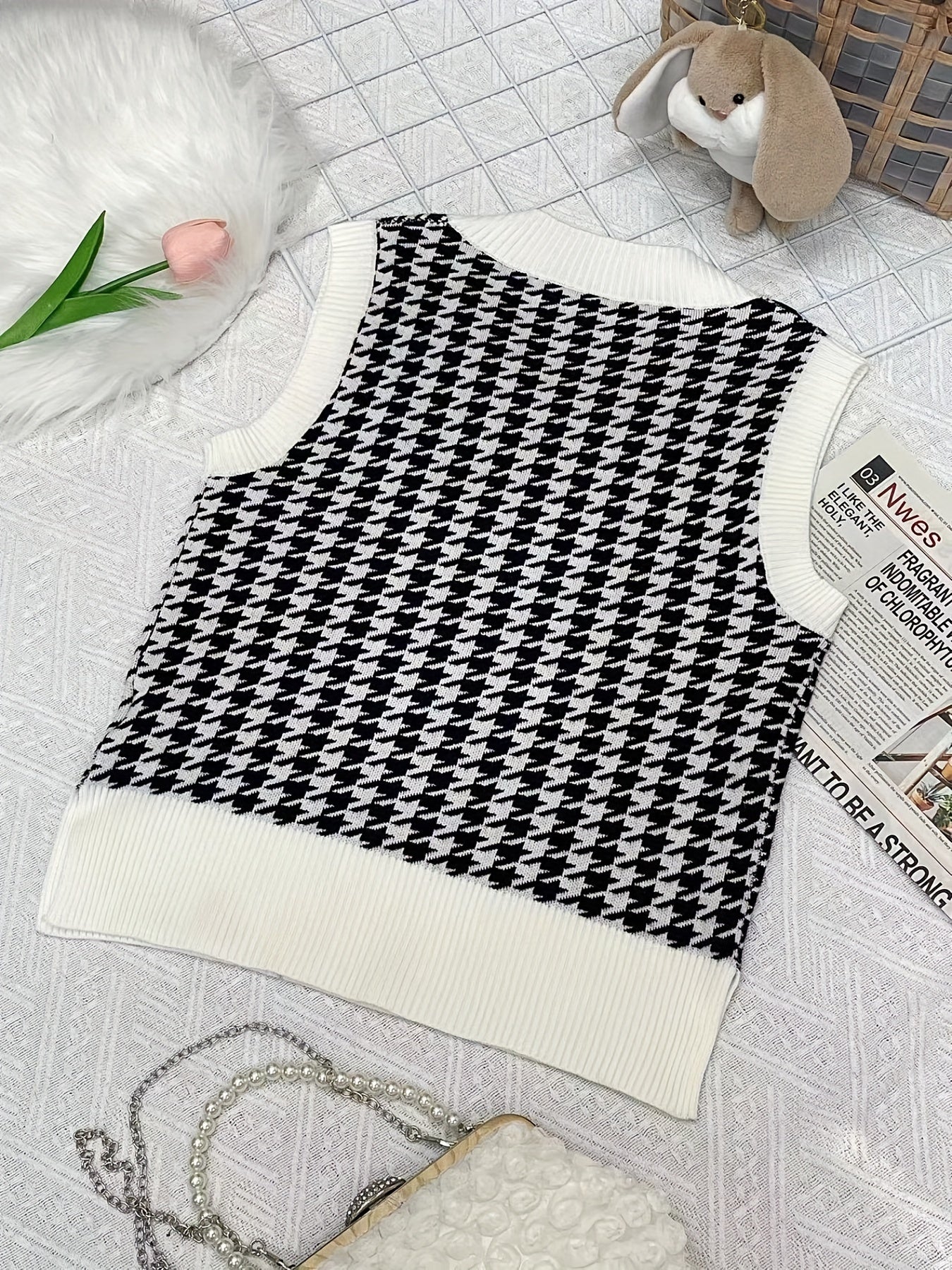 Girls Houndstooth V Neck Knitted Sweater Vest
