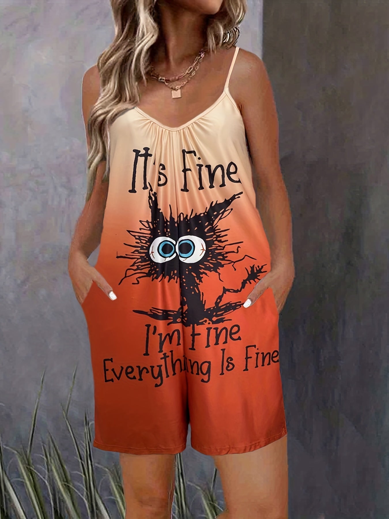 Graphic Print Spaghetti Romper Jumpsuit V Neck
