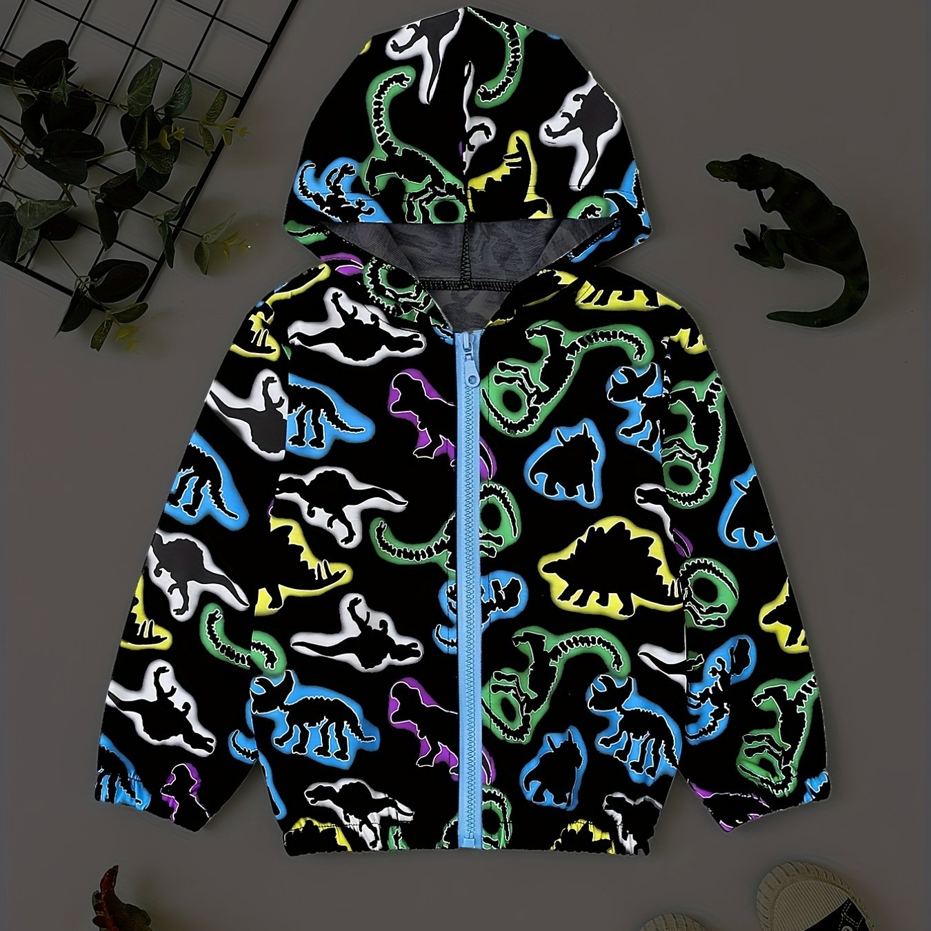Boys Dinosaur Print Windbreaker Hooded Jacket Long Sleeve Zip Up