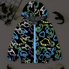 Boys Dinosaur Print Windbreaker Hooded Jacket Long Sleeve Zip Up