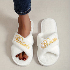 Embroidered Cross Strap Slippers Warm Plush Lined Bridal Party Slippers