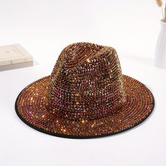 Hand Adhesive Rhinestone Sunshade Wide Brim Fedora Hat