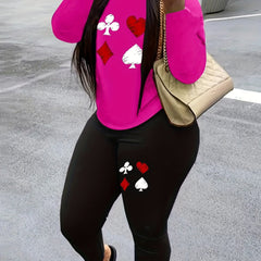 Women's Plus Poker Print Long Sleeve Round Neck Top & Leggings Set