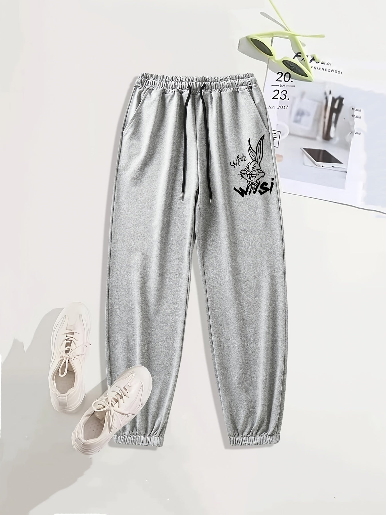 Rabbit Print Casual Sports Pants Drawstring Side Pockets Couple Jogging Pants