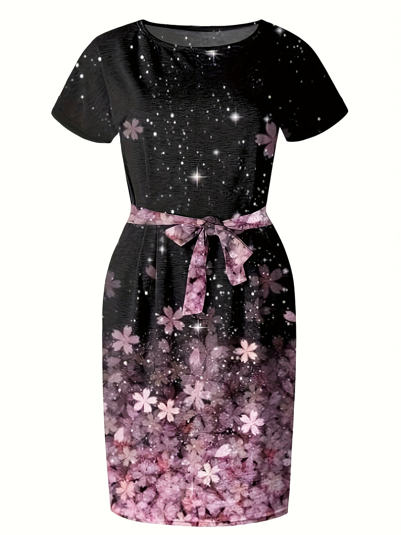 Colorblock Sakura Print Round Neck Dress