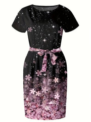 Colorblock Sakura Print Round Neck Dress