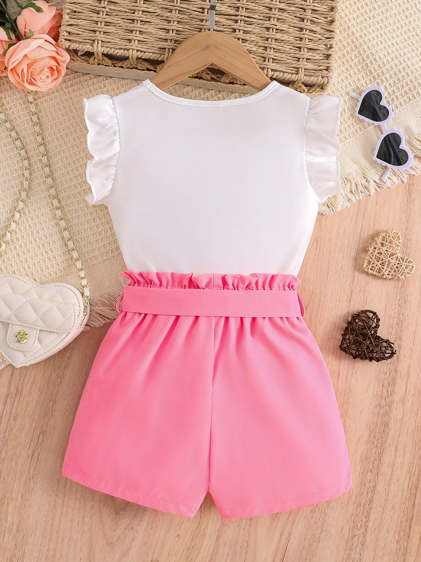 Girls Heart Print Sleeveless Top & Bow Shorts Set for Summer
