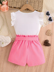Girls Heart Print Sleeveless Top & Bow Shorts Set for Summer