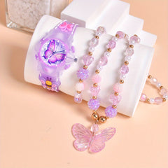 3pcs Butterfly Watch Set for Girls Pink Glow in Dark Quartz Wristwatch Necklace
