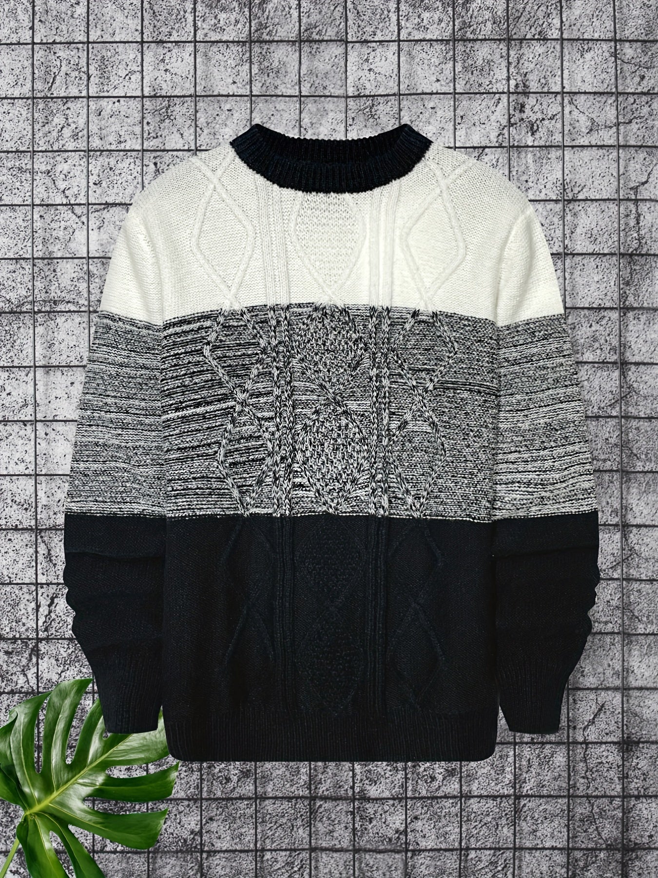 Argyle Block Sweater Men's Casual Warm Crew Neck Pullover For Fall Winter