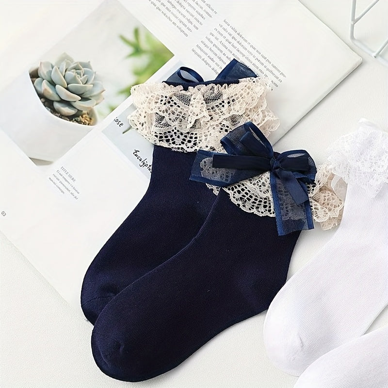 2 Pairs Baby Girls Lace Edged Butterfly Knotted Princess Socks