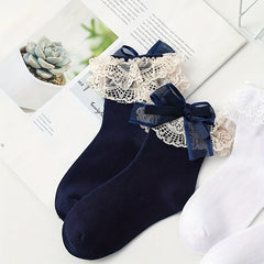 2 Pairs Baby Girls Lace Edged Butterfly Knotted Princess Socks