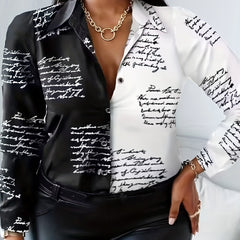 Colorblock Letter Print Button Down Blouse