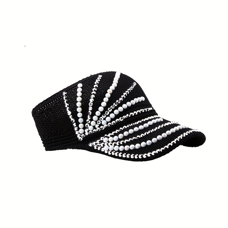 Rhinestone Faux Pearl Summer Visor Solid Sun Hat