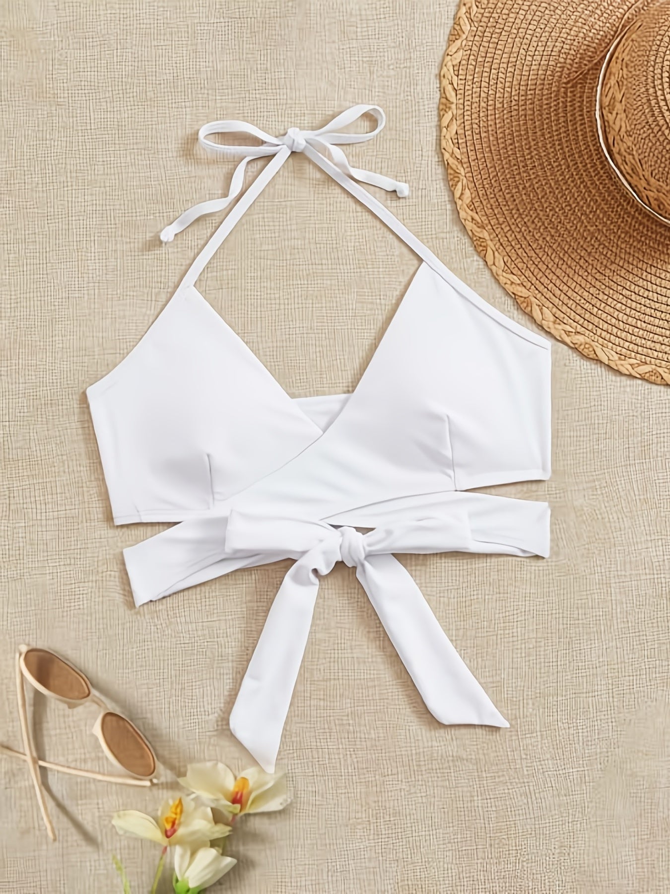 Criss Cross Surplice V Neck Halter Bikini Top