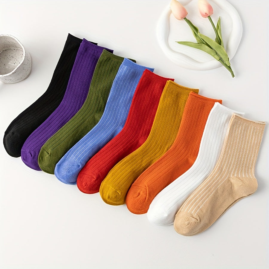 9 Pairs Women's Mid Tube Socks Breathable Solid Stockings Hosiery