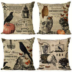 Halloween Linen Blend Pillow Case Skeleton Pumpkin Crow Square Cushion Cover