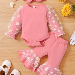 Daisy Mesh Lace Romper Pants Headband Set Newborn Baby Clothes