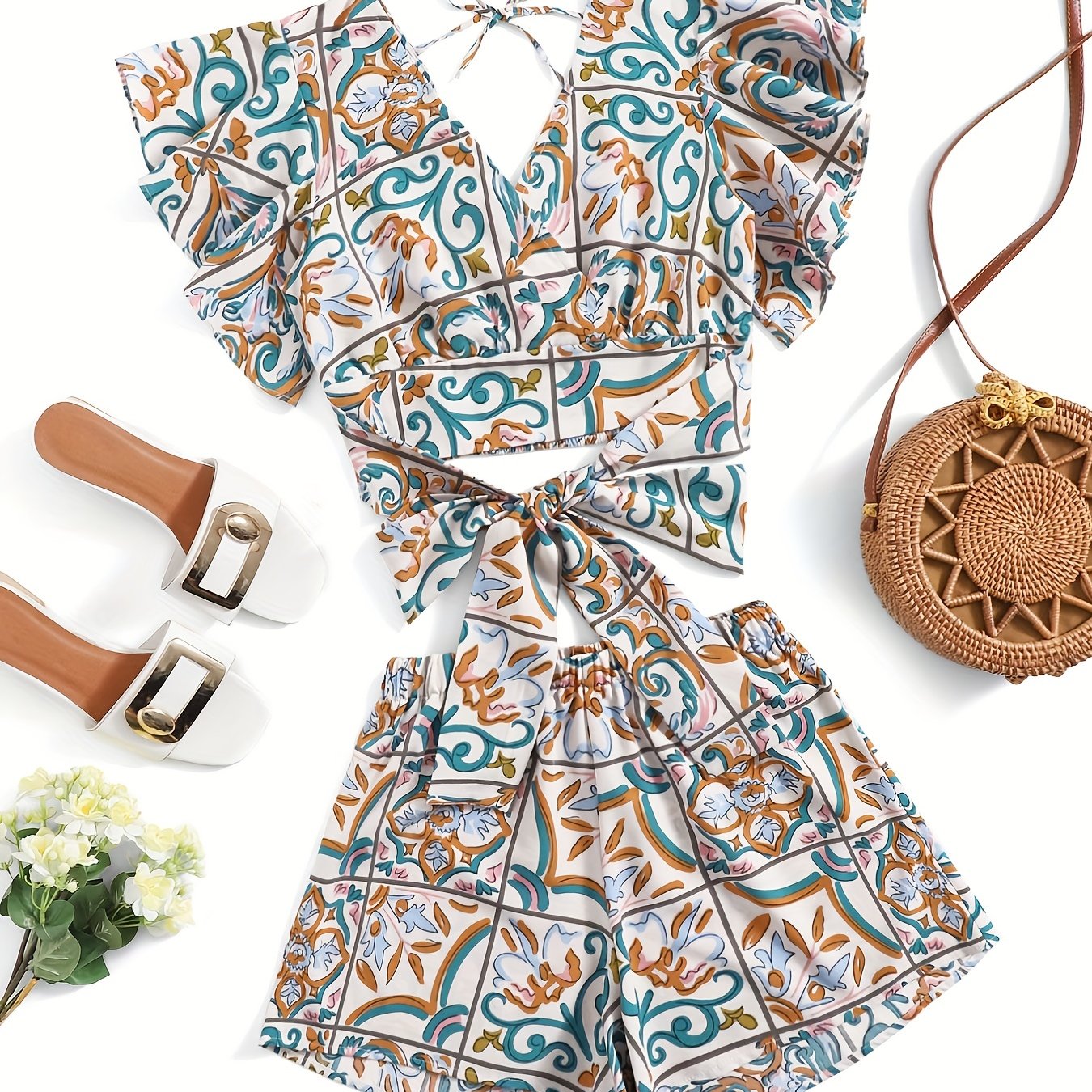 Floral Print Two Piece Set Ruffle Trim V Neck Tops & Elastic Waist Shorts
