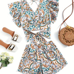 Floral Print Two Piece Set Ruffle Trim V Neck Tops & Elastic Waist Shorts