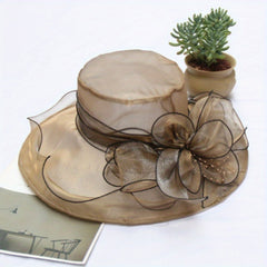 Flower Derby Church Hat Mesh Organza Sun Hat Wide Brim Bucket Hat