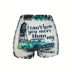 Graphic & Letter Print Skinny Shorts Sexy Elastic Waist Shorts