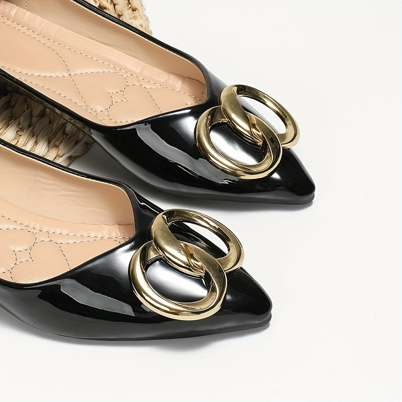 Pointed Toe Flats with Metallic Buckle Patent Leather Slip On Shoes