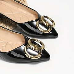 Pointed Toe Flats with Metallic Buckle Patent Leather Slip On Shoes