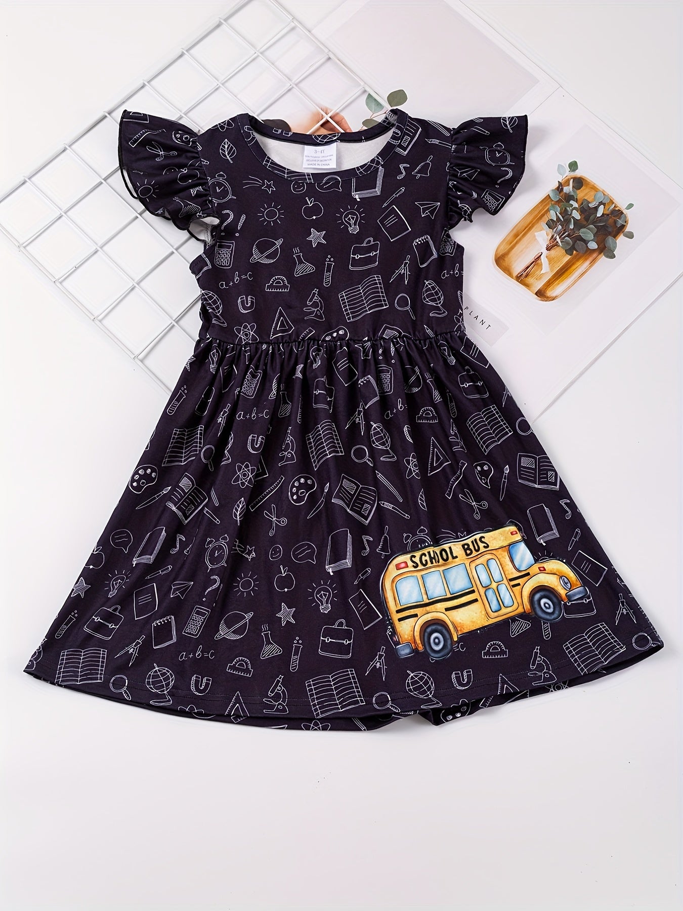 School Bus Print Dress and Polo Shirt Set for Siblings
