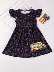 School Bus Print Dress and Polo Shirt Set for Siblings